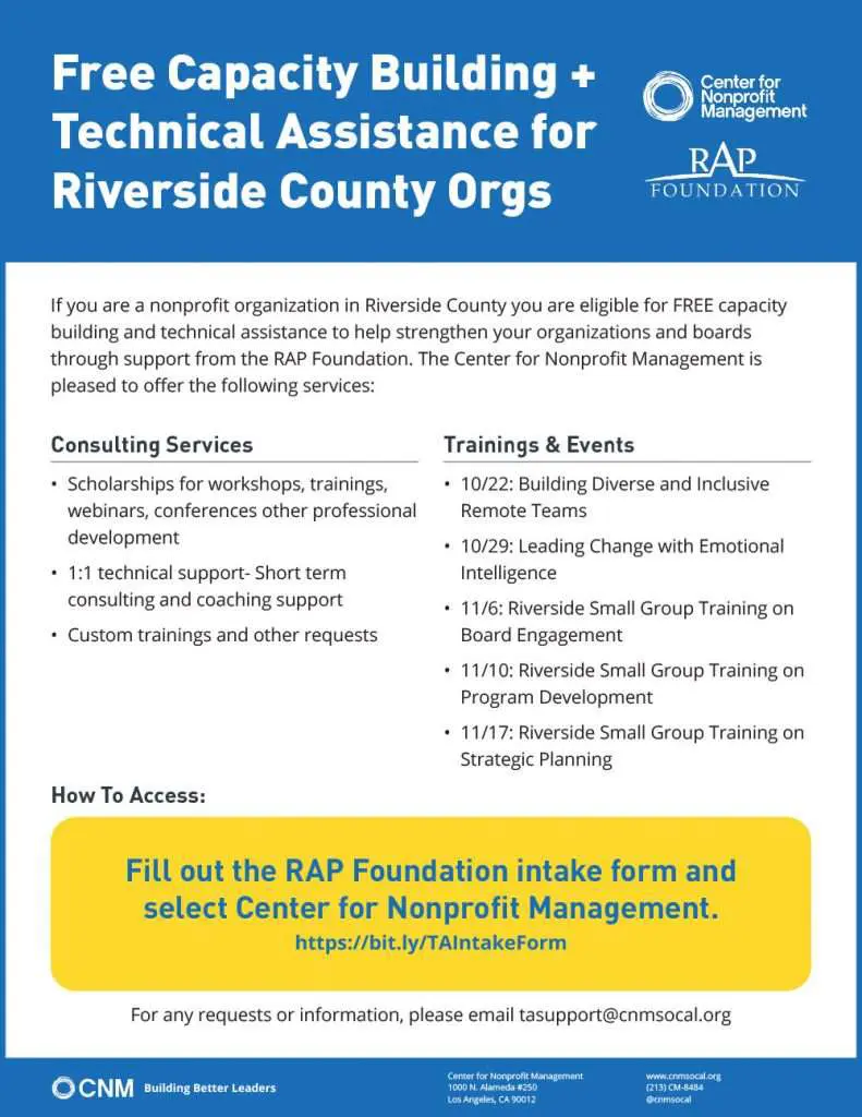 Riverside CNM Flyer 2 Free Technical Assistance for Riverside Organizations