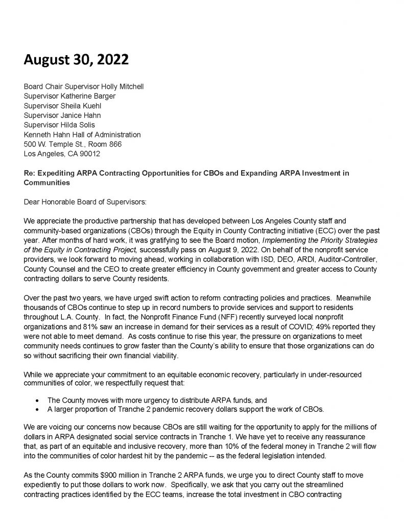 2022 August BOS Letter Regarding ARPA Tranche 2 Page 1 Urge LA County Supervisors to Distribute ARPA Funding Equitably